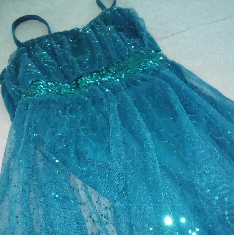 Classic stunning blue sheer with sequined designs w one piece body suit